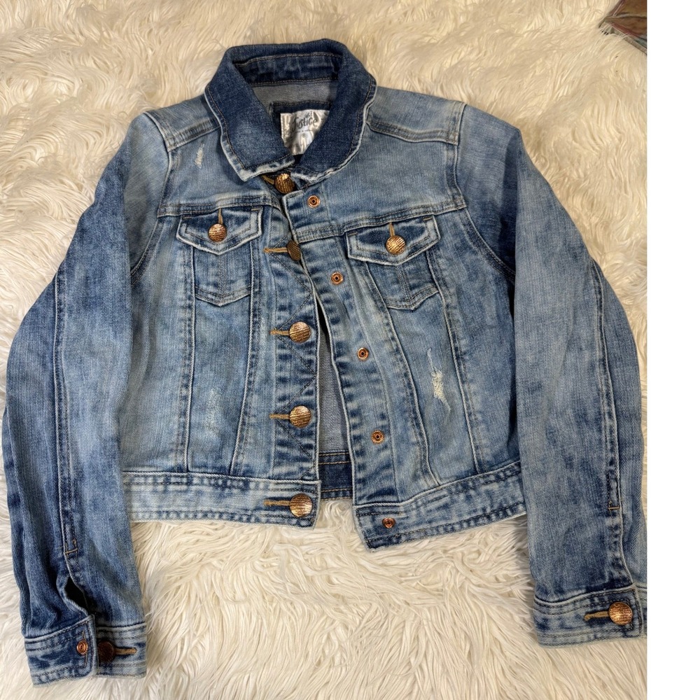 Justice Girls Denim Jacket Blue Distressed Trucker Jean Coat Size 8 Medium Wash